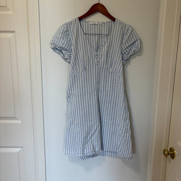 Blumind Linen Blend Dress Striped Summer Dress Junior Size 9 White Blue Buttons - Picture 2 of 14